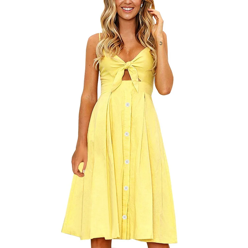 

Pure Color Sleeveless Summer Women's Casual Sexy Halter Shows back bowknot buttons dress elegant female bind banquet dress ins