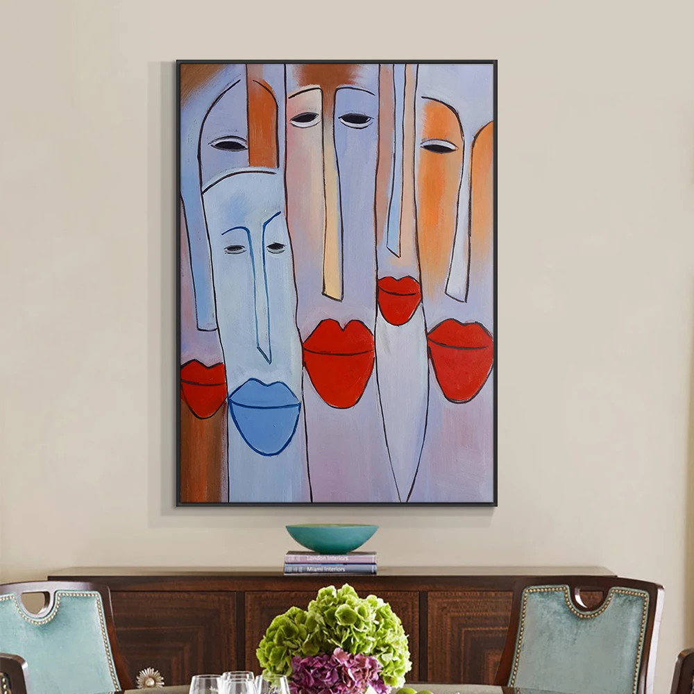 

Modern Canvas Painting Wall Art 100% Hand Painted Abstract People Face With Red Lips Oil Painting For Living Room Home Decor