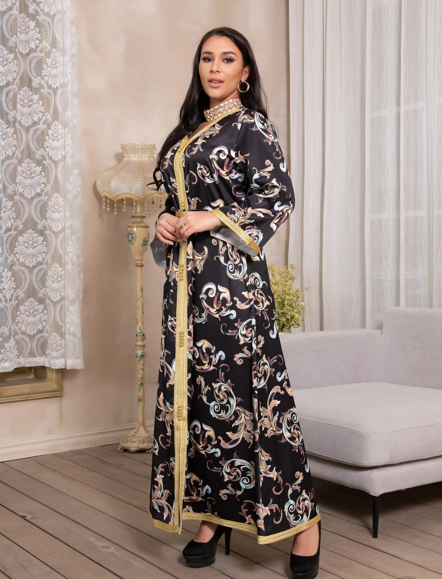 

Real Pictures Women Fashion Dress for Ramadan Party Long Sleeves V Neck Gold Ribbon Patchwork Sash Kaftan Arabic Muslim Party