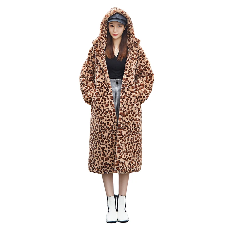 Пальто с искусственным мехом леопардовое длинное пальто капюшоном кроличьим