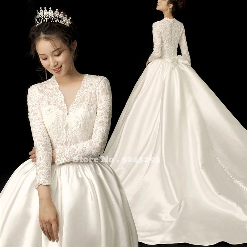 

Elegant Satin Wedding Dress 2021 Long Sleeve Bride Lace Beaded Bow V-Neck Button Bridal Gowns Vestido De Novia Mariage Undefined