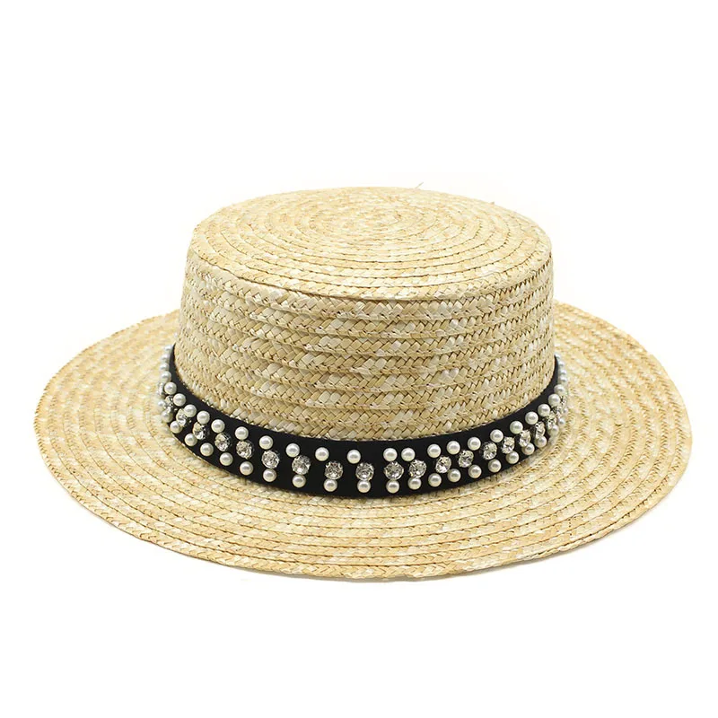 

Natural Wheat Straw Woven Modern Sunscreen Flat Top Sunshade Women Straw Hats Vacation Beach Female Summer Outdoor Panama Cap