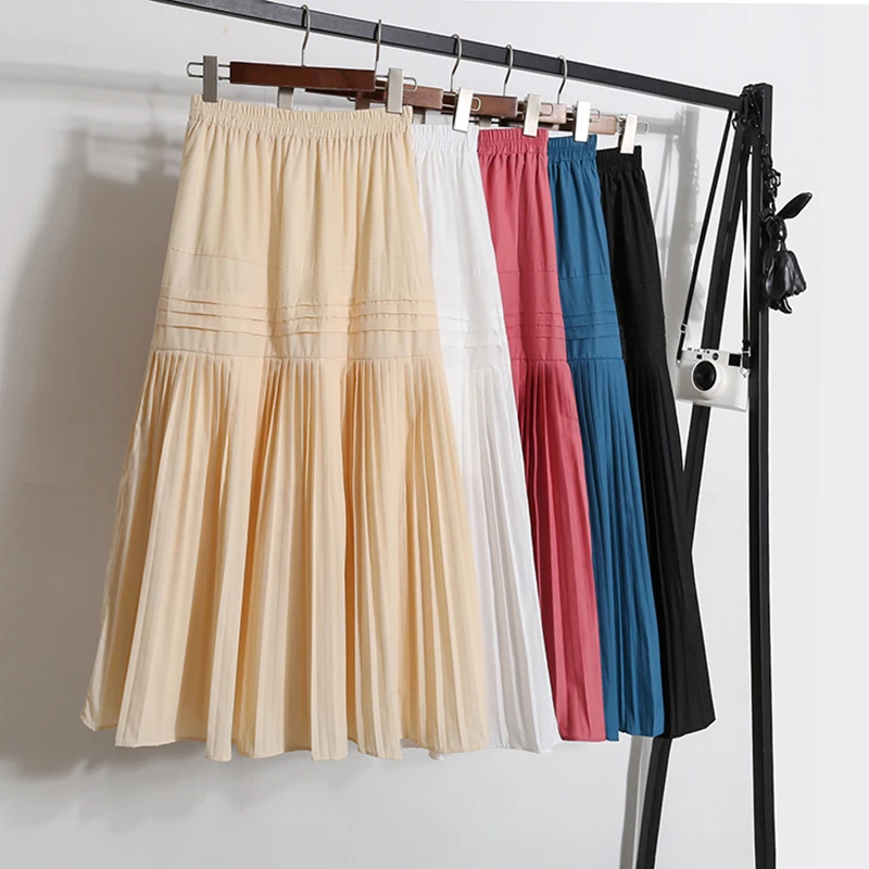 

Women Spring Summer Midi Skirt Elegant Women Elastic High Waist Solid Fashion Office Ladies Casual Beach Pleated Skirt