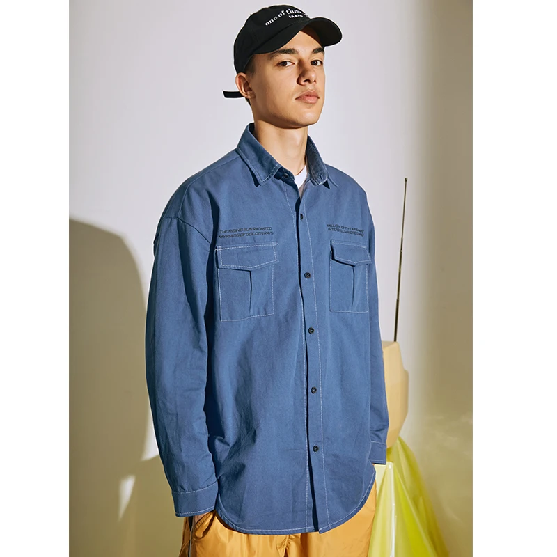 Мягкие вымытые хип-хоп мужские джинсовые рубашки винтажный вид рабочие джинсы в