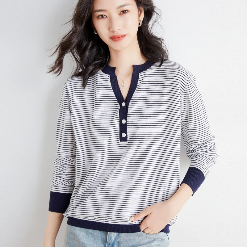 

Autumn and winter new sweater women's V-neck tie buckle striped pullover knit bottoming shirt loose sweater top