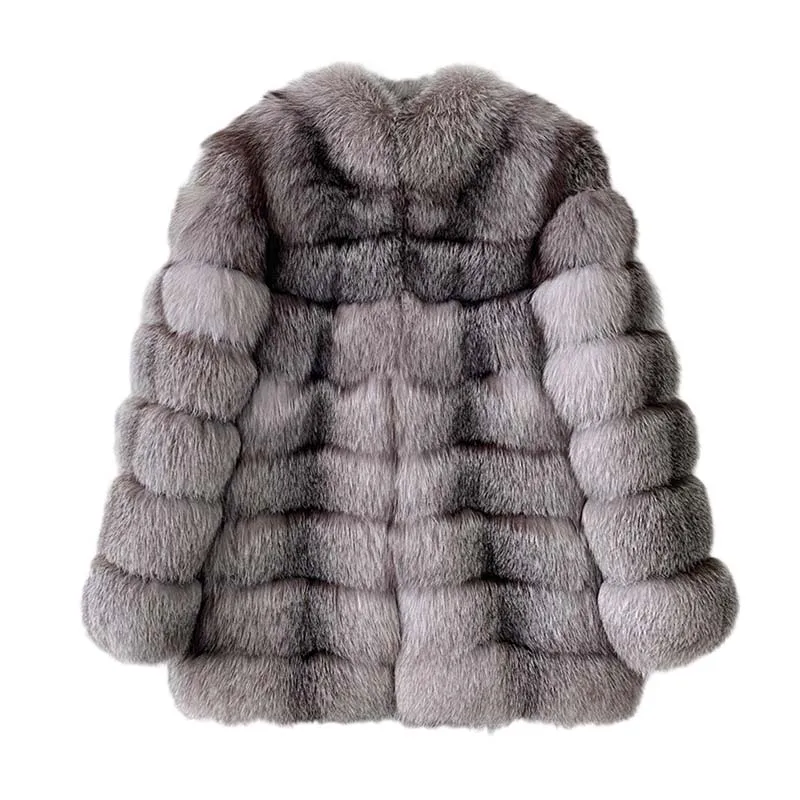 

BFFUR 2020 New Winter Real Fur Coat Ladies Fashion Silver Fox Color Stripe Cutting Fluffy Luxury Overcoat Women Full Pelt Warm