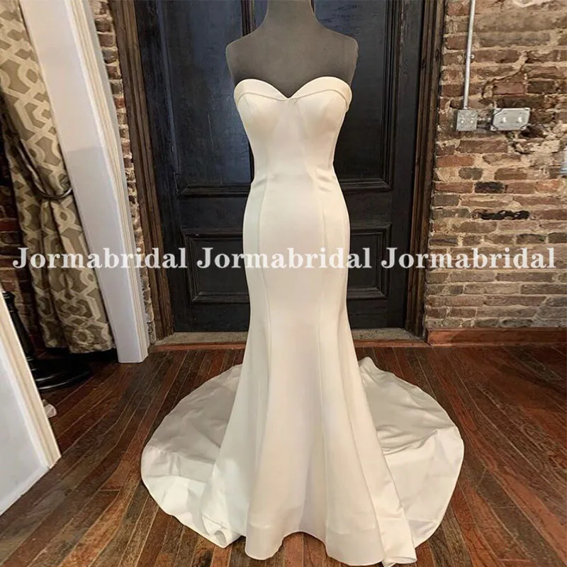 

Simple Satin Mermaid Wedding Dresses White Ivory Zipper Back Vestido de Novia Bridal Gowns Robe mariee 2021 gelinlik casamento