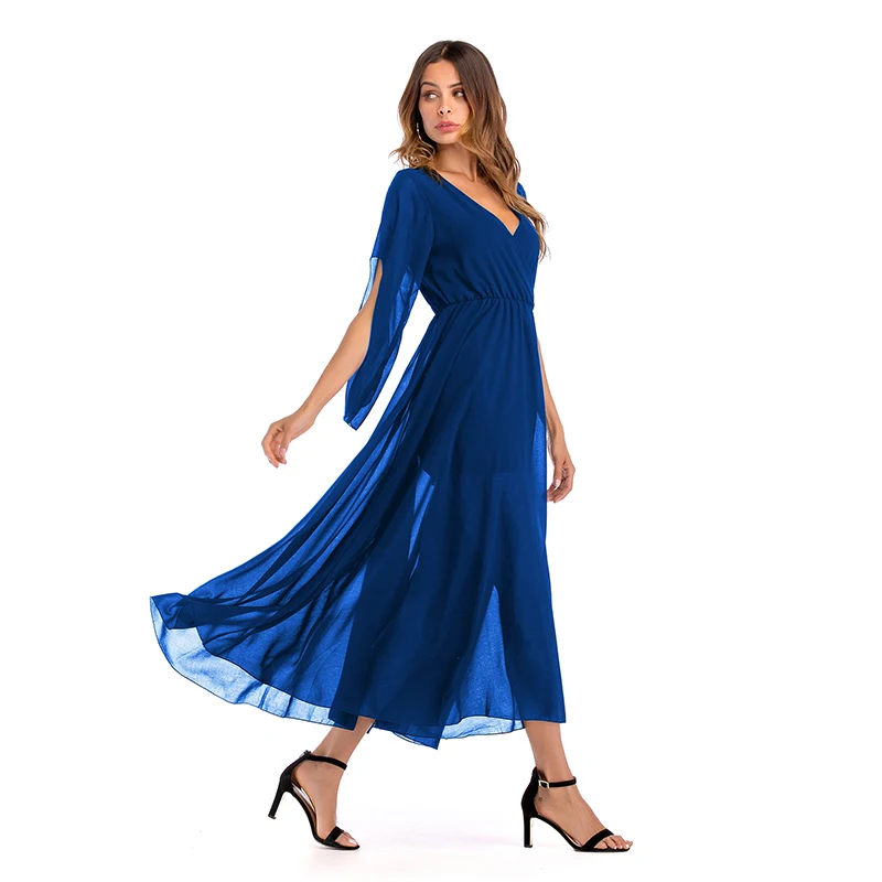 

Fashion Ladies Elegant Dress Autumn Ladies V-Neck Long-Sleeved Split Chiffon Big Swing Dress Sexy Dress 2020