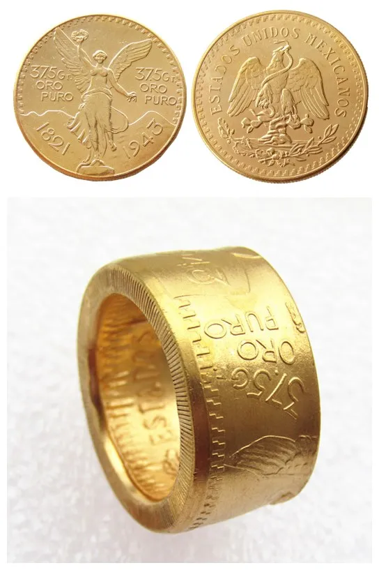 1943 Mexico Gold 'Date' 50 Peso Coin Gold Plated Ring Handmade In Sizes 8-16