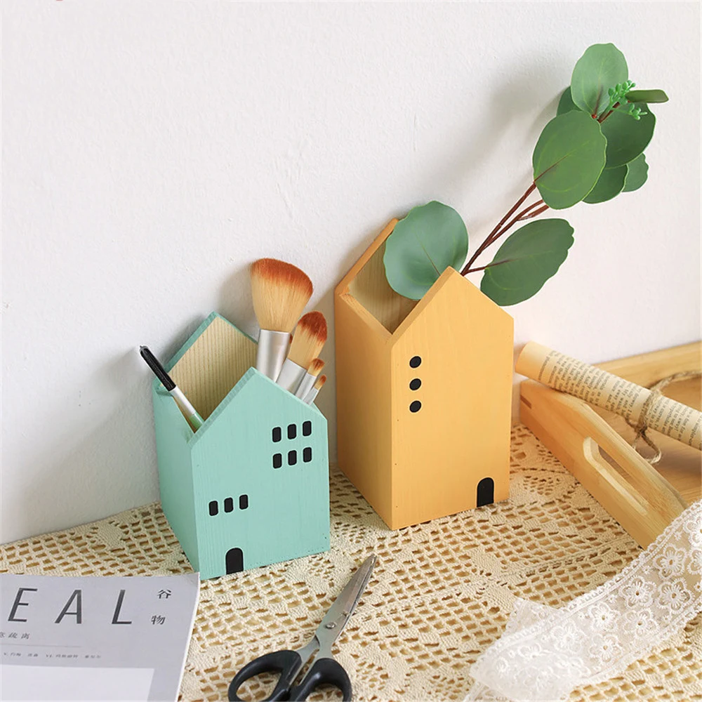 

Cute Wooden House Shape Pen Holder Solid Color Storage Box Desk Organizer Sundries Stationery Holder Desktop Accessories