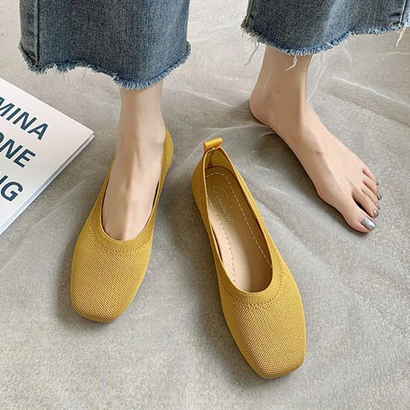 

Women Knit Stretch Flats Solid color Slip on Shoes For Woman Boat Shoes Black Loafers Yellow Basic Shallow Single Shoes 8488C