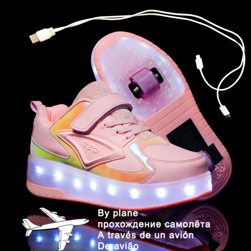 

2021 New 28-41 USB Charging Children Sneakers With 2 Wheels Girls Boys Led Shoes Kids Sneakers With Wheels Roller Skate Shoes