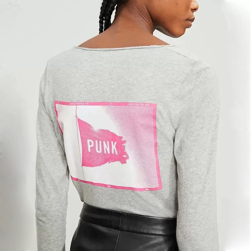 

2022 Spring Long Sleeve Top Women Fashion Tide Letter Print Top T-Shirt for Female Casual V-Neck 100% Cotton Tees Streetwear