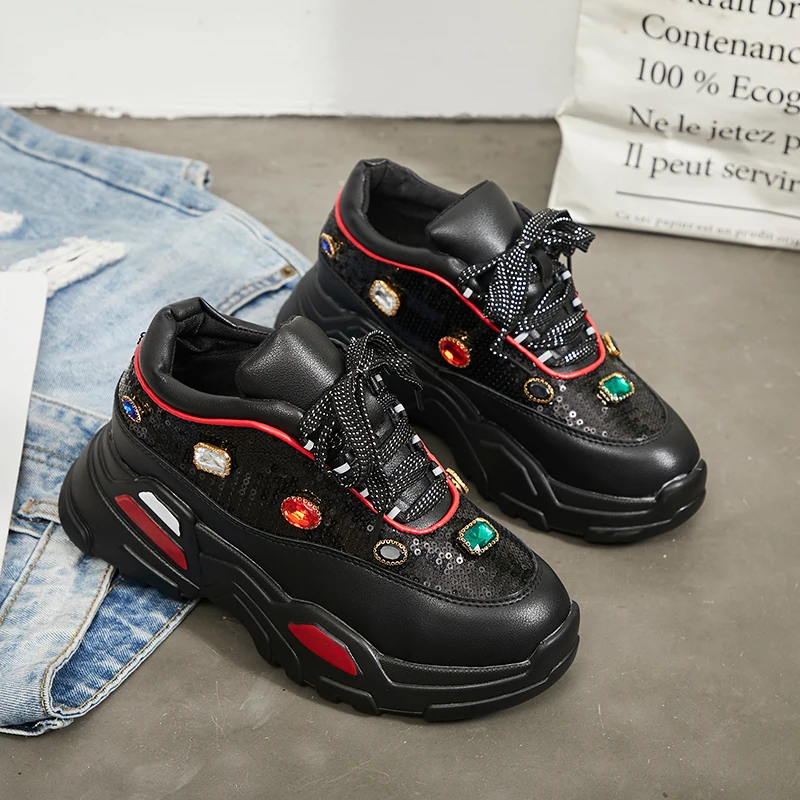 Трендовые женские массивные кроссовки Женская обувь с блестящими драгоценными