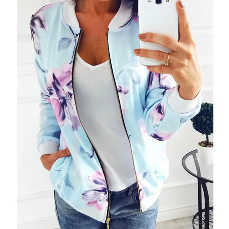 Женская куртка с цветным Ретро принтом длинный рукав молния Бомбер куртки для