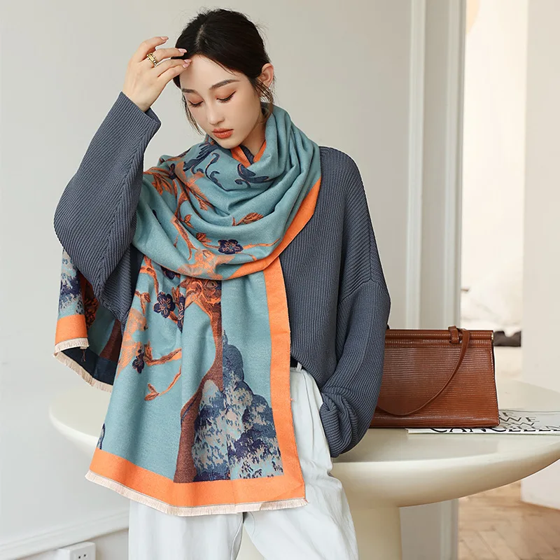 Зимний женский шарф с принтом, толстое кашемировое одеяло, бренд 180*65 см, теплая шаль накидка Hijab Bufanda с кисточкой, Пашмина Echarpe
