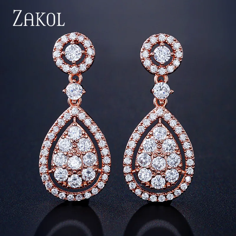 Rose Gold Color ZAKOL блестящие серьги в форме капли воды с кубическим цирконием и кристаллами CZ для невесты, модные свадебные ювелирные изделия Brinco FSEP2312 - Окраска металла: Rose Gold Color