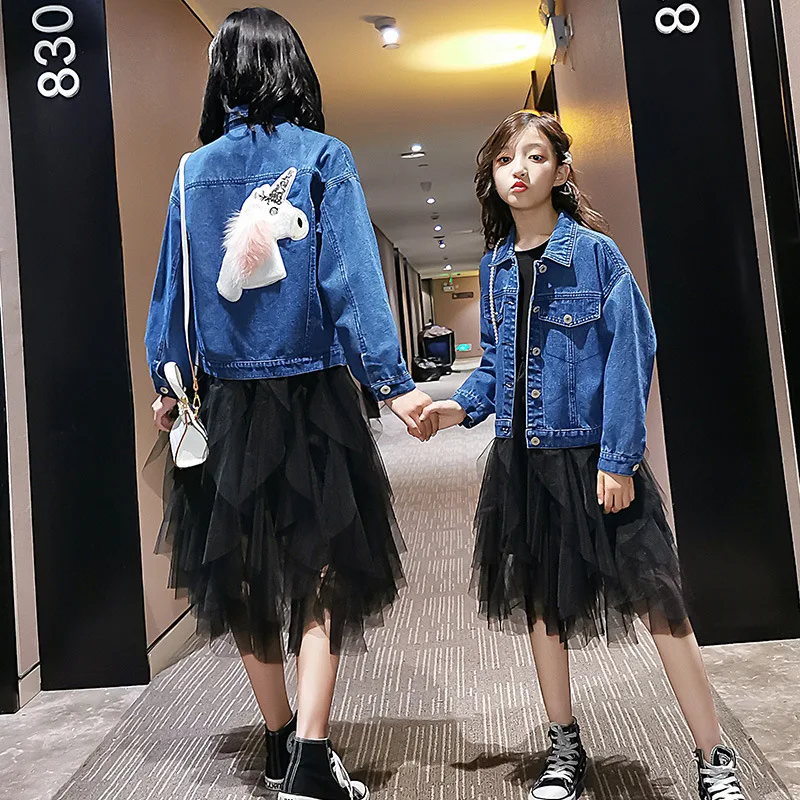 2019 осенние джинсовые синие рубашки и черные платья Одинаковая одежда для мамы