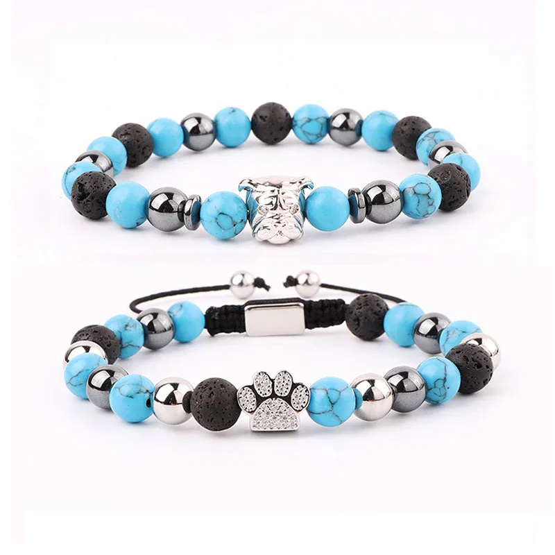

New Design Blue Turquoise Stone Cubic Zircon Pave Paw Dog Charm Adjustable Macrame Beads Bracelet Set Men Women