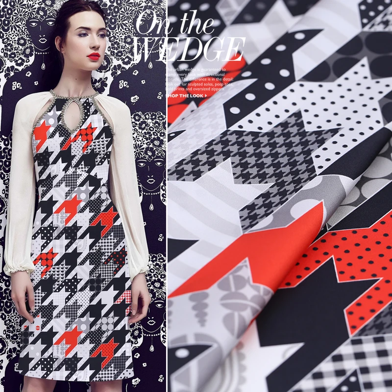 

108cm wide silk stretch satin fabric meter houndstooth printed silk fabric satin natural silk fabric soft shirt dress cloth