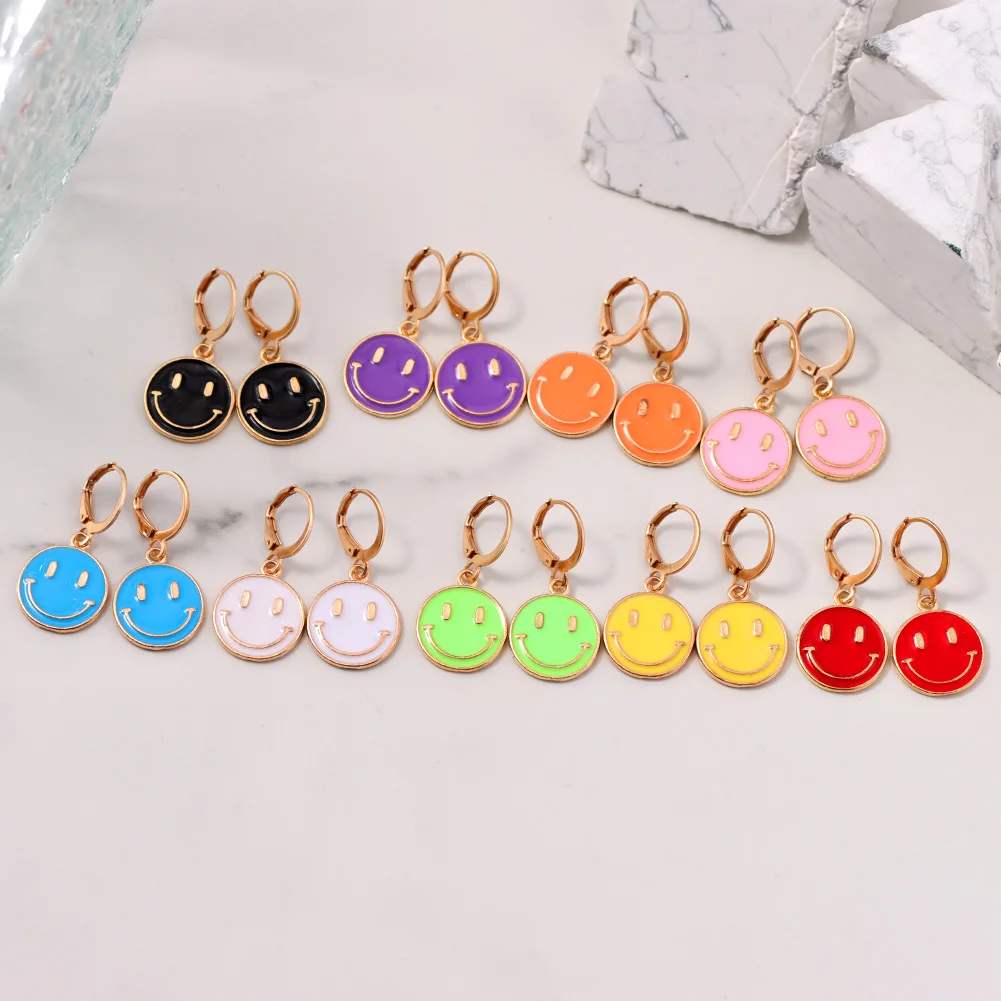 

Flatfoosie Cute Smiley Face Hoop Earrings Colorful Enamel Round Happy Smile Earrings For Women INS Trendy Design Jewelry Gift