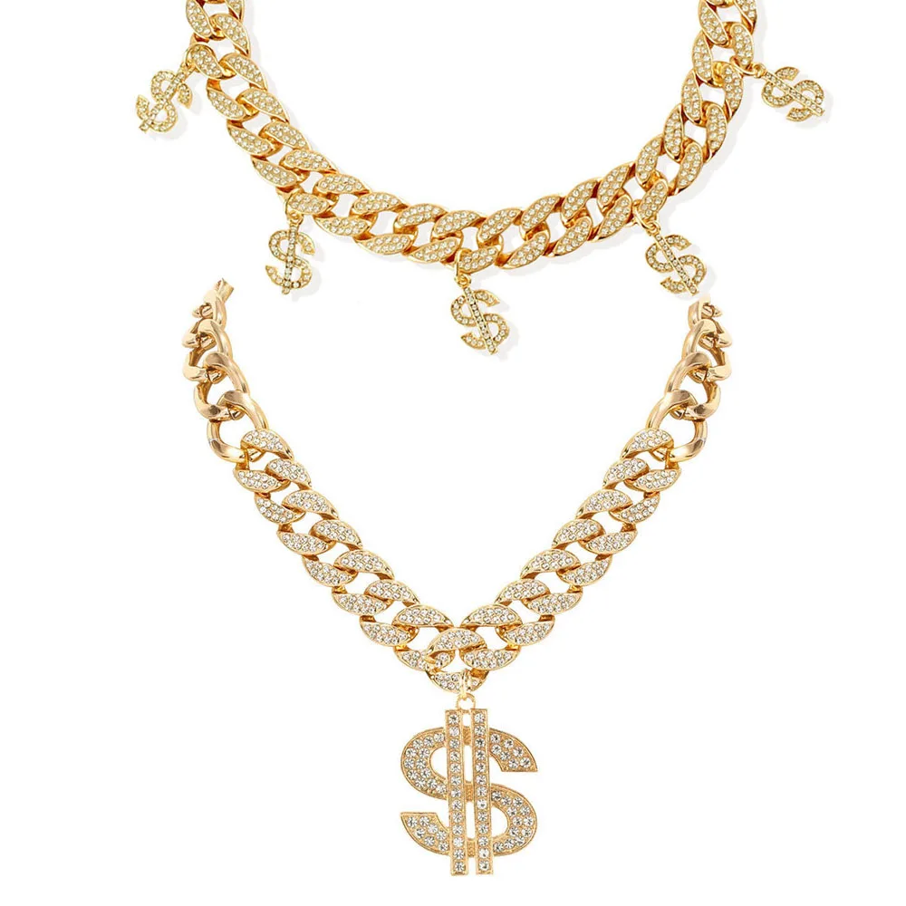 

Fashion Gold Silver Diamond Dollar Money Cuban Link Necklace Punk Hip Hop Jewelry Pendants Chain Necklace for Women 2021