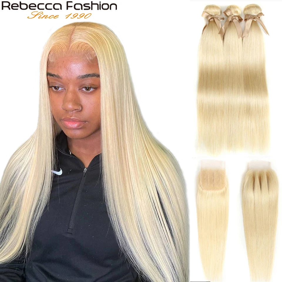 

Rebecca Platinum 613 Blonde Bundles With Closure Peruvian Straight Hair 613 Honey Blonde Remy Human Hair 3 Bundles With Closure