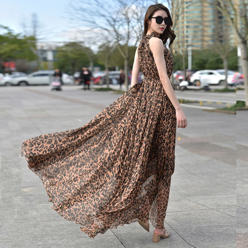 Женское платье-макси с леопардовым принтом длинное пляжное платье оборками и