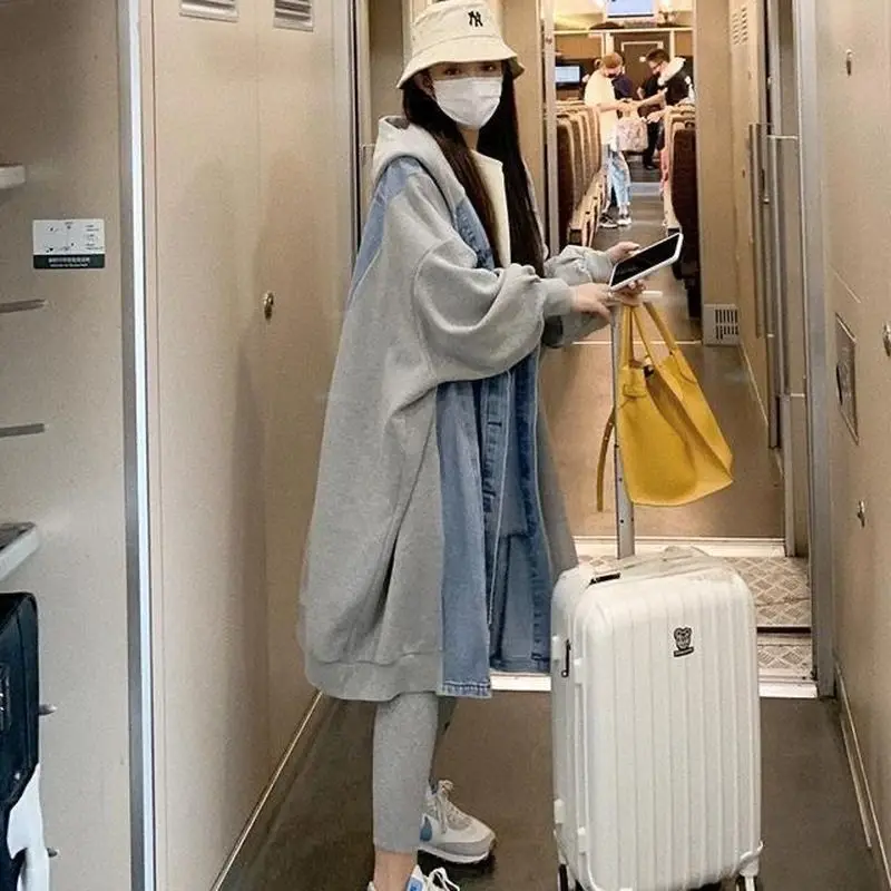 

Женская джинсовая куртка с капюшоном, повседневная куртка-бомбер оверсайз средней длины в стиле хип-хоп, 2021