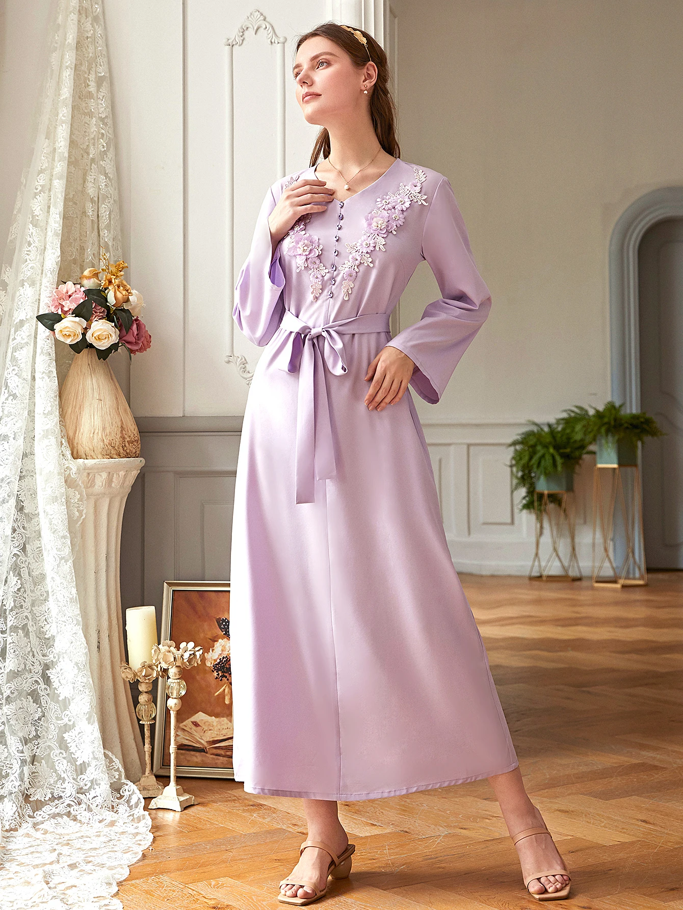 Платье мусульманское с вышивкой аппликацией и бисером полная длина Абая для