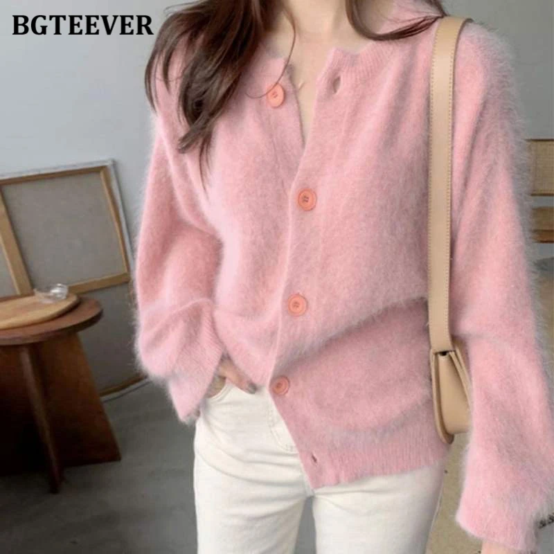 

BGTEEVER Chic V-neck Women Soft Single-breasted Cardigans Sweaters Casual Loose Long Sleeve Female Open Stitch Knitwear 2020