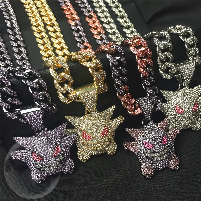 

Hip Hop Zircon Anime Ghost Pendant With Iced Out Bling Rhinestone Miami Cuban Chain Choker Necklace For Men Boy Gothic Jewelry