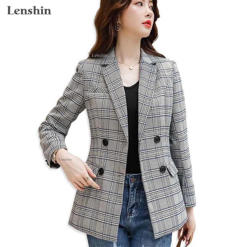 Женский двубортный пиджак Lenshin винтажное клетчатое пальто в английском стиле с