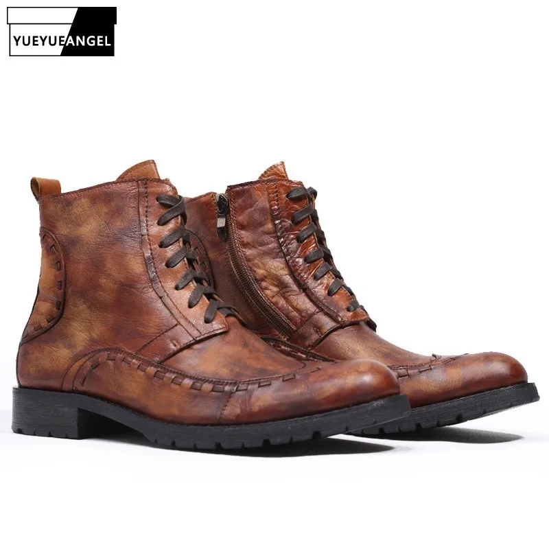 Мужские ботинки на молнии черные или коричневые повседневные мотоциклетные из