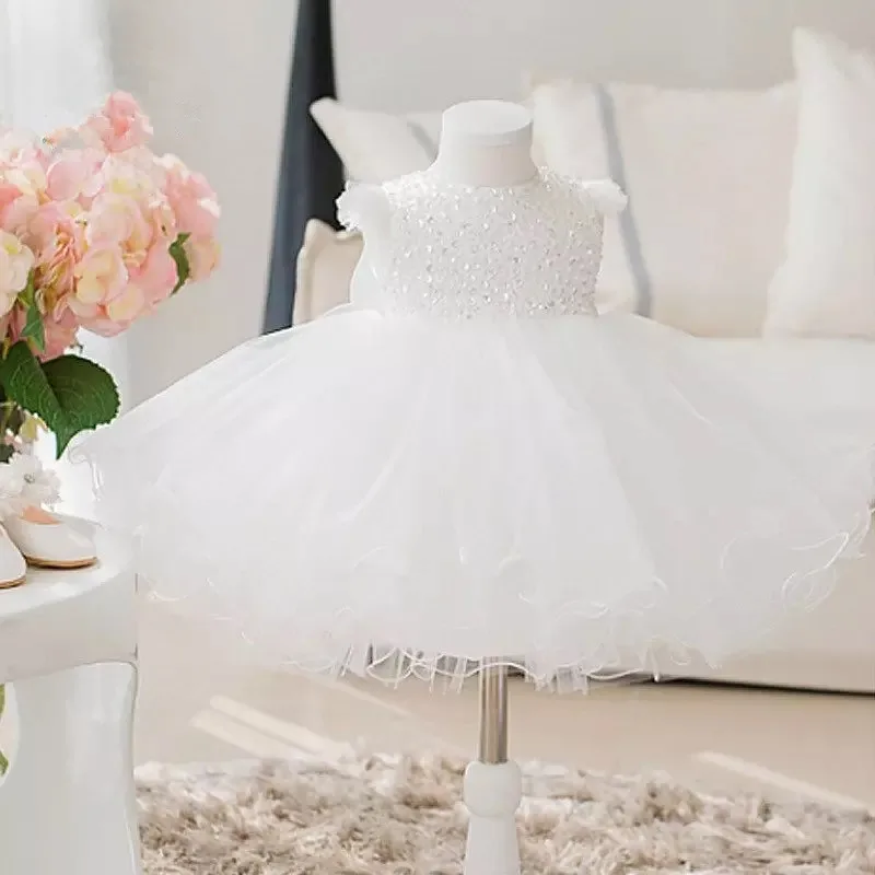 Блёстки бусины платья для маленьких девочек платье крещения принцессы белое с