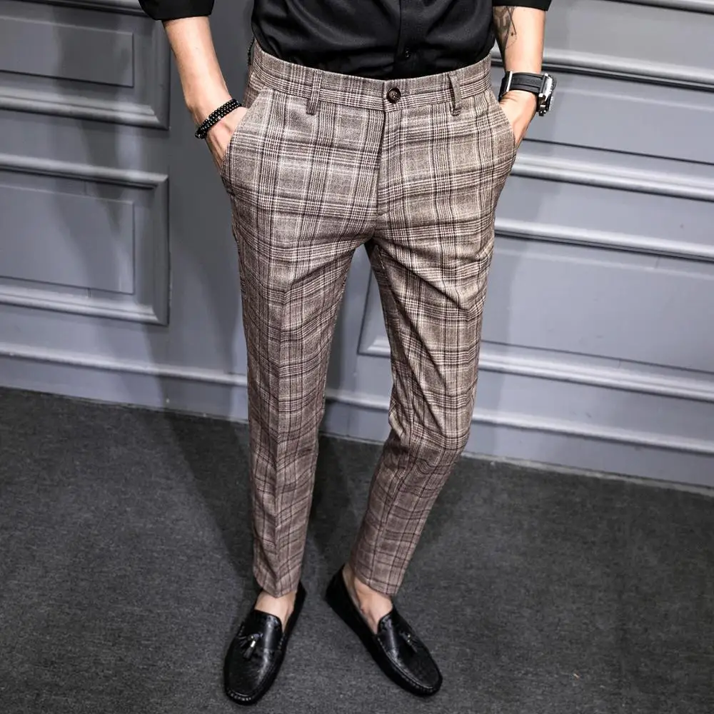 Британский стиль хаки серый решетки мужские брюки костюм Бизнес повседневные