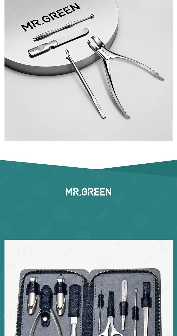 MR. GREEN высококачественный набор для ухода за ногтями из нержавеющей стали 9 в 1 Набор для стрижки ногтей из воловьей кожи инструменты для маникюра Набор для ухода за ногтями