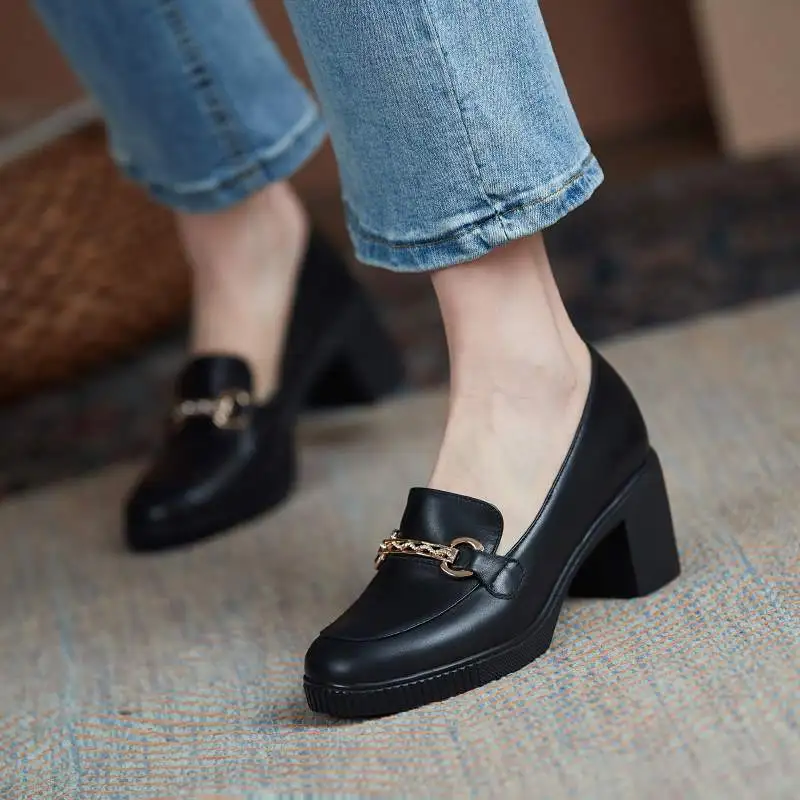 

Krazing Pot cow leather round toe high heels slip on casual autumn shoes metal crystal platform classics office lady women pumps
