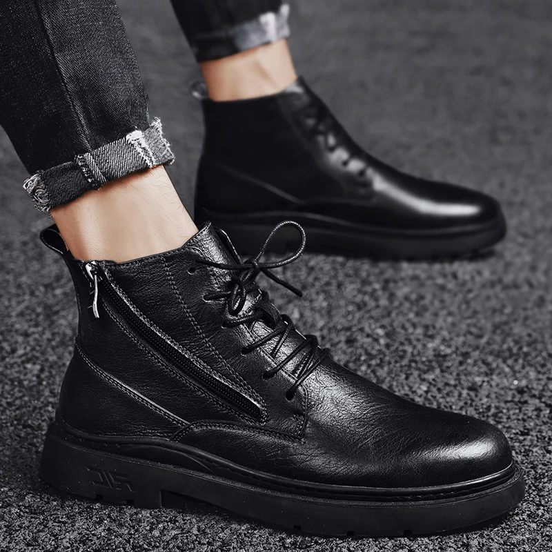 Мужские ботинки зимняя плюшевая повседневная обувь модные кожаные для снега