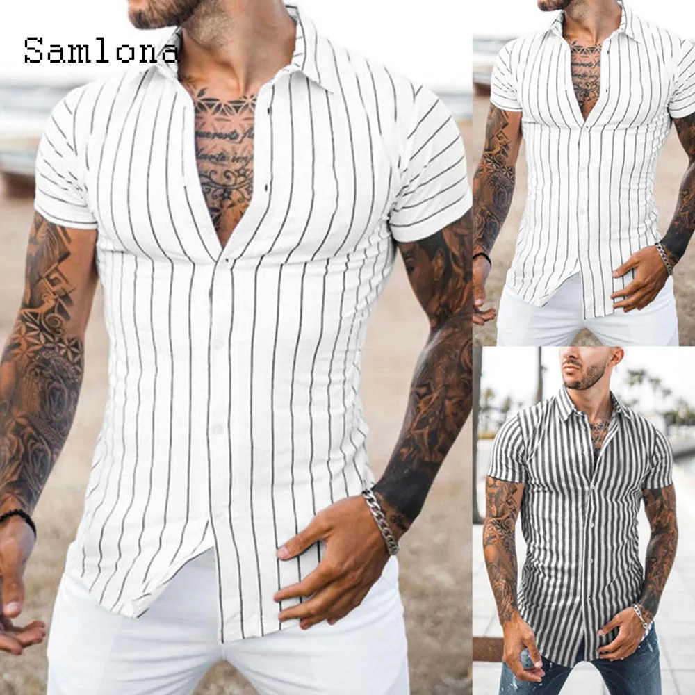 2021 Single Breasted Mens Elegant Leisure Blouse Short Sleeve Casual Shirt Masculina Striped blusas Homme Ropa Sexy Men Clothing