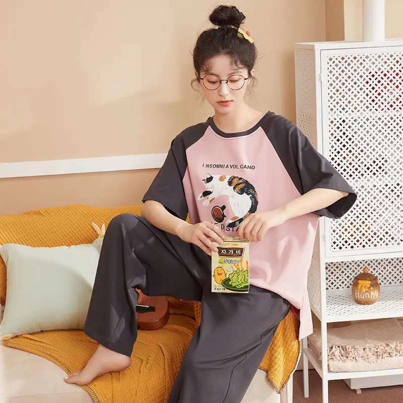 

2021 Spring Summer Cotton Women's Short-Sleeved Fashionable Trousers Two-Piece Suit Sweet Home Wear Pajamas