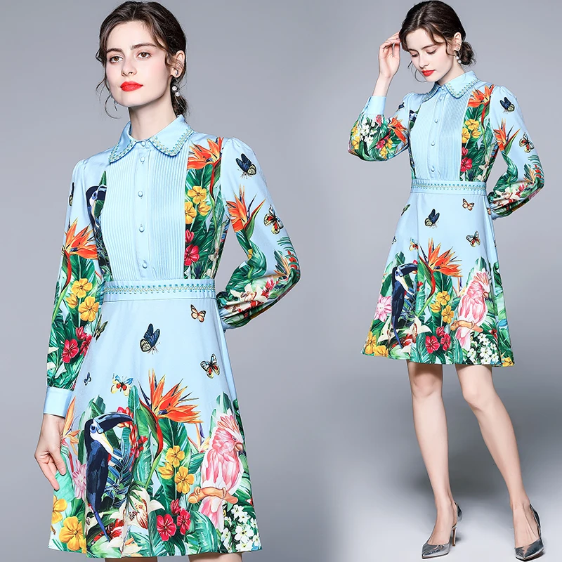 

Runway Blue Pleated Print Dress Women Elegant Long Sleeve Slim Party Dresses Femler Mungle Animal Mini Dress Summer Mujer Vestid
