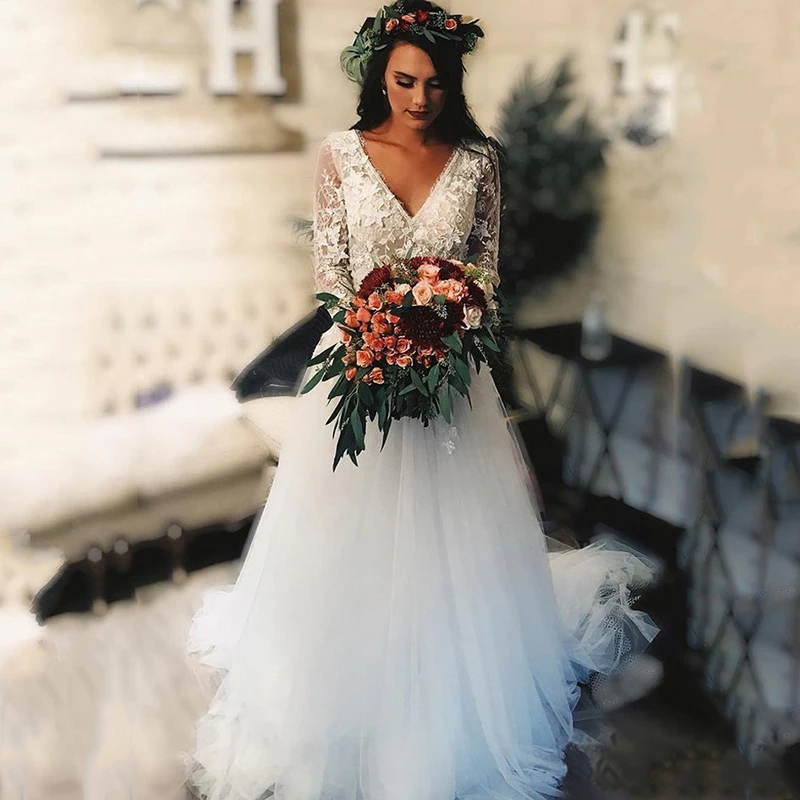 Платье Свадебное в стиле бохо с длинным рукавом и цветочной 3D