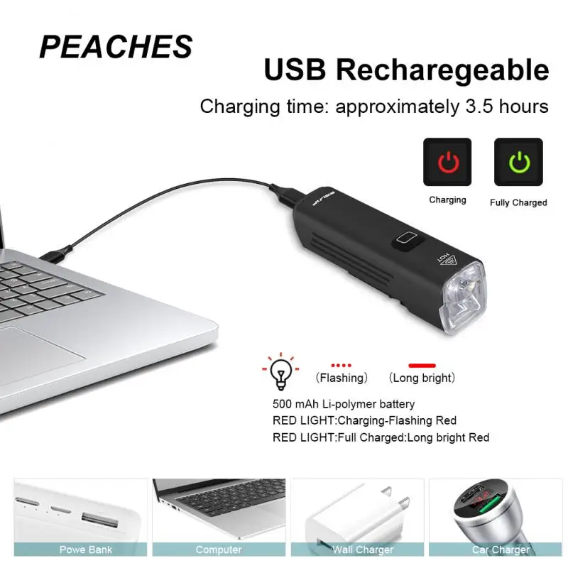 Персики 4800 мАч Велосипедный передний фонарь из алюминиевого сплава 1000 люмен Высокая яркость света Ультралегкий фонарик включен.