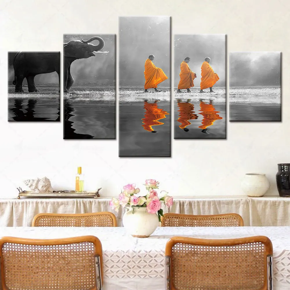 

Artsailing Vintage Elephant And Monk Buddha HD 5 Pieces Poster Home Decorative Canvas Paintings For Living Room Wall Art Artwork