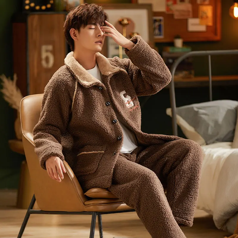 Ｍen's Ｗinter Coral Flannel Warm Full Sleeve Brown Colour Sleepwear Pajamas Set