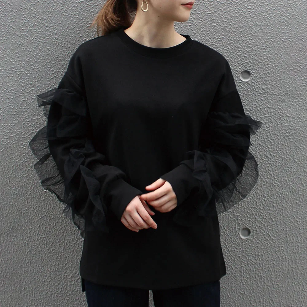 

Hoodie Women Long Sleeve Hoodie Shirt Mesh Tulle Sleeve Frilled Sweatshirts Japan Style Female Tops Loose Tops Women Hot Slim