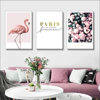 nordic small fresh pink flamingo rose poster green plants golden english letters canvas painting waterproof canvas printing