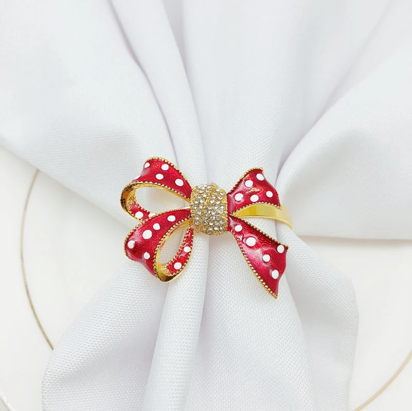 

Christmas red bow napkin ring diamond napkin buckle holiday party desktop napkin ring decoration
