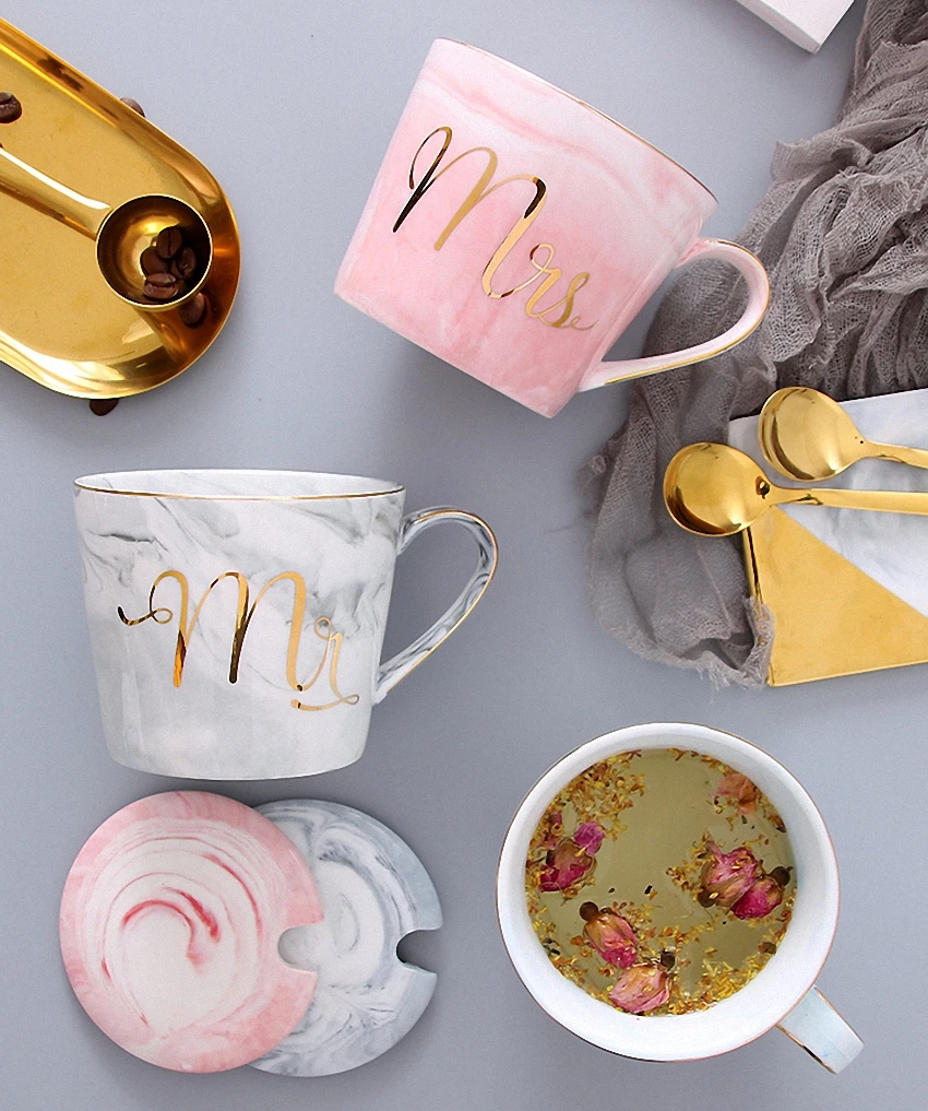 Marble Ceramic Mug Handpainted Gold Monogram Natural Marble Porcelain Coffee Mug Pink Gold Inlay Cup Creative Wedding Gift